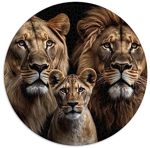 1000-teiliges Puzzle für Erwachsene, Löwenfamilie auf Schwarz, kreative runde Puzzles für Erwachsene und Familien, Papppuzzles, einzigartige Geburtstags, Größe: 67,5 x 67,5