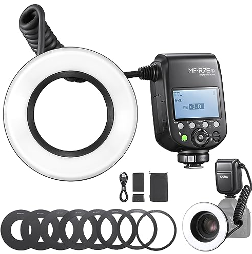 GODOX Makro-Ringblitz für Sony MF-R76S TTL/M-Modus CCT, 5900 K, 76 W, 2,4 G, kabellose Steuerung, 550 Full-Power-Blitze, 0,1–1 Sekunden, Recyclingzeit, Dual-Blitzröhren mit LCD-Bildschirm für Inscet