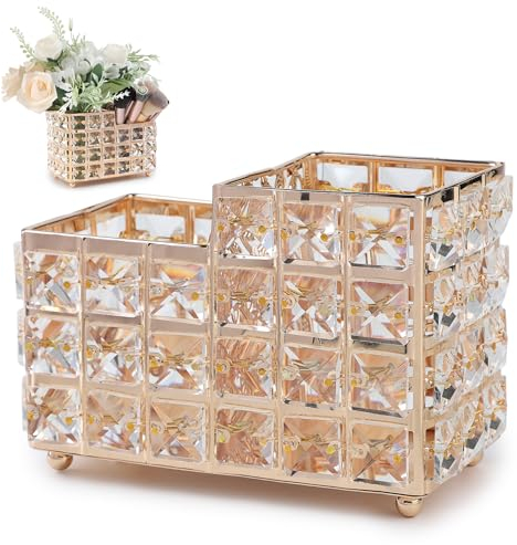 efuturetime Rangement Pinceaux Maquillage en Cristal, Pot Pinceau Maquillage Vintage Or, Rangement Coiffeuse, Rangement Brosse a Cheveux, Boite Rangement Maquillage