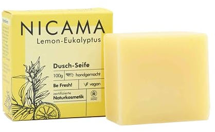 NICAMA Lemon Eukalyptus Dusch Seife 100g - Nachhaltig, Vegan, Bio, Natürlich - Handgemachte Hautpflege mit Olivenöl - Naturkosmetik aus Deutschland, Plastikfrei – Nachhaltige Alternative zu Duschgel