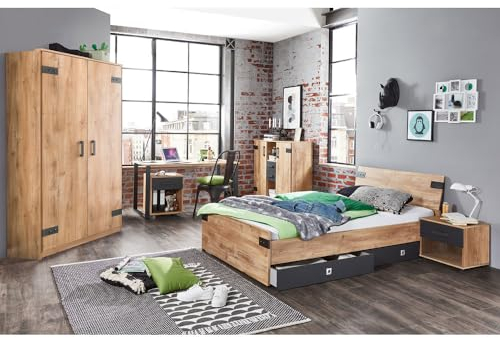 Lomadox Jugendzimmer Set 8-teilig mit Bett 140cm, Kleiderschrank, 2 Bettschubladen, Schreibtisch, Rollcontainer, Nachttisch, Kommode in Eiche Graphit Industrial-Stil