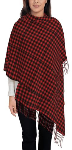 SJOAOAA Damen-Schal, kariert, Rot und Schwarz, mit Quasten, Fransen, für Frühling, Herbst, Winter, Kariert, rot und schwarz, One size