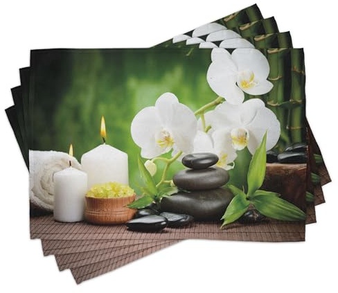 ABAKUHAUS Spa Platzmatten 8 Stück, Zen Stones mit Orchideen und Kerzen Grünpflanzen im Hintergrund drucken, Waschbare Stoff Esszimmer Küche Tischdekorations Digitaldruck, Grün Weiß Dunkelgrau
