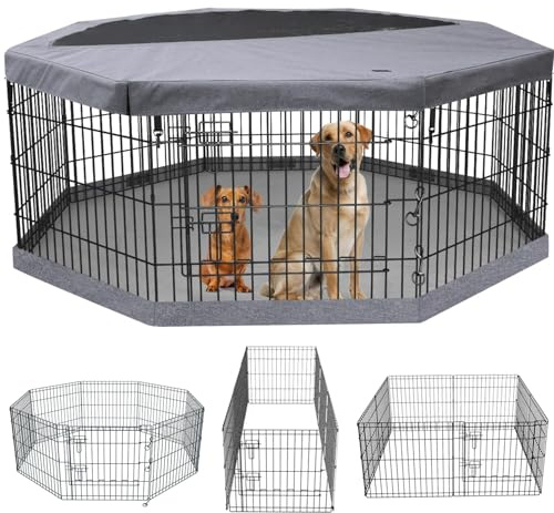 PETIME Zusammenklappbarer Metall-Hunde-Laufstall für Welpen, Hundehütten, Hofzaun, Indoor/Outdoor, 8 Paneele, 61 cm B mit oberer Abdeckung und unterer Unterlage (Laufgitter + untere + obere Abdeckung,