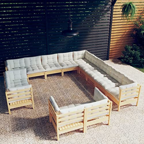 DYRJDJWIDHW gartenbett wetterfest,sonnenliege Rattan,13-TLG. Garten-Lounge-Set mit Creme Kissen Massivholz KieferGeeignet für Garten, Swimmingpool, Wohnzimmer, Terrasse