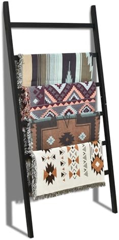 FUIN Échelle en bois extra large de 2 m pour couverture de salon, décoration murale penchée, support de courtepointe, porte-serviettes en bois rustique pour salle de bain, noir, 96,5 cm de large