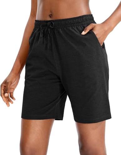 EUHOM Bermuda Shorts Damen Sommer Kurze Hose Sporthose Knielang Baumwoll Sport Shorts High Waist Laufshorts Kurze Jogginghose Lässige Sweatshorts mit Taschen(Schwarz, L)