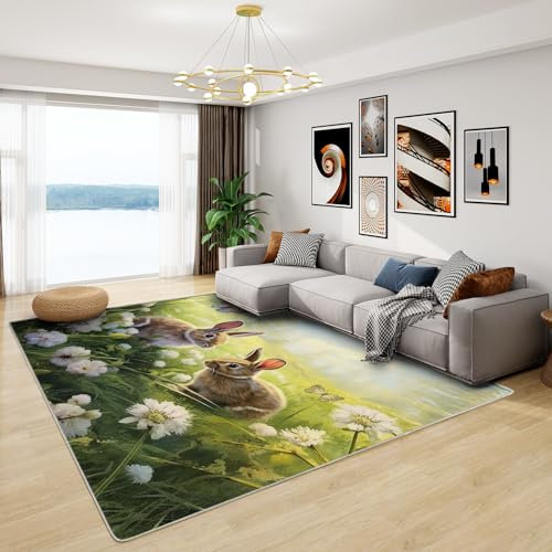 Teppich Kaninchenmotiv - Teppich Wohnzimmer Schlafzimmer Kaninchen Schmetterling, Kleiner Teppich Waldtiere, Weich Kurzflor & Waschbar & rutschfest Fussmatte Innen, Kinderteppich 50x80 cm
