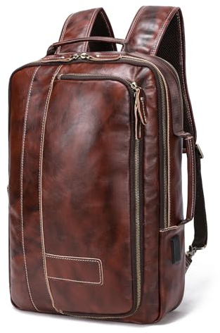 LANNSYNE Men's Full Grain Leather Expandable 15.6 Laptop Backpack Tote Shoulder Travel Bag Rucksack