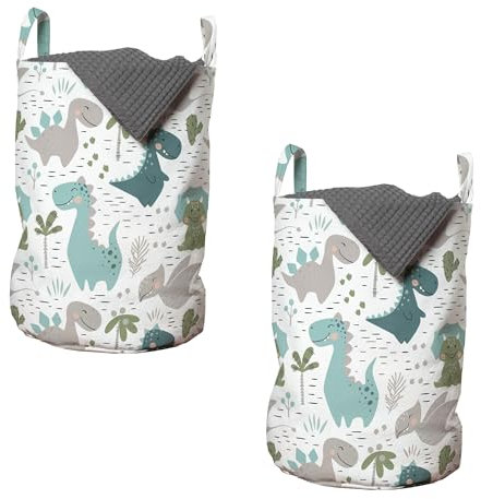 ABAKUHAUS Kindisch Wäschesack 2er Pack, Smiling Baby-Dinosaurier, Wäschekorb mit Griffen und Kordelzugverschluss, Zweierpack 33cm x 50cm, Weiß Seafoam schwachgrau