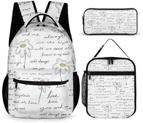 3 in 1 Kids Backpack for Boys And Girls, Love Concept with Daisy Flower Pattern Waterproof School Backpack with Lunch Box&Pencil Bag, Cute Bookbag Travel School Bag, Durable & Water-Resistant, for