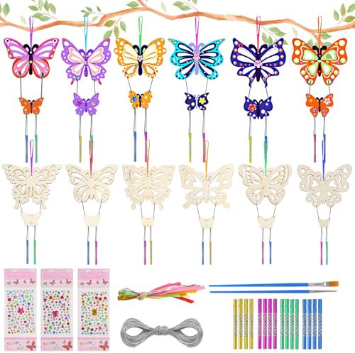 Schmetterling Windspiel Bastelset 12 Stück, Holz Butterfly Kindergeburtstag, Kinder Bastelset zum Bemalen, DIY Handwerk für Mädchen/Jungen