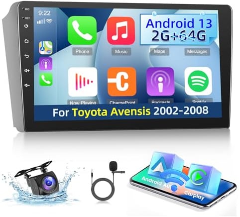Techschermo [2+64G] Android 13 Autoradio für Toyota Avensis 2002-2008 mit Drahtlos Carplay & Android Auto, 9 Zoll Touchscreen Autoradio mit WiFi/GPS/Spiegelnder Link/DSP SWC+ Rückfahrkamera