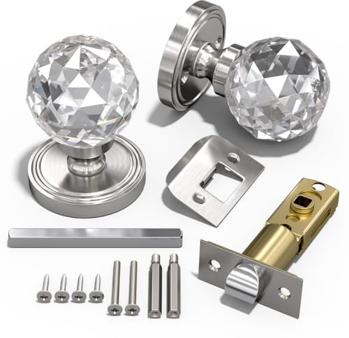 Bwintech 1 par Crystal níquel cepillado tiradores de las puertas, 65mm Palace Style Crystal manija de la puerta interior con el kit para el paso, dormitorio, pasillo