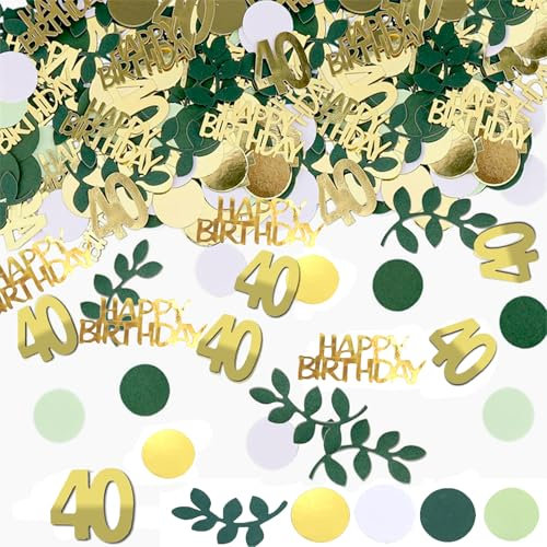 SHUBEIEUMI 100 Stück Konfetti 40 Geburtstag Deko, Metallic Gold, Grün, Weiß, Hellgrün, Blatt, Buchstaben, Zahlen, Tupfen, Party Dekoration, Tischdeko