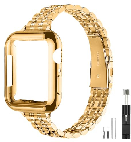 MANENWVO Metall Armband Kompatibel mit Apple Watch Armband 41mm 45mm 42mm 44mm 40mm 38mm Slim Uhrenarmband mit iWatch Serie 9/8/7/6/5/4/3/2/1, SE (Gold, 42mm 44mm 45mm)