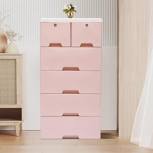 JDBDU Kommode Aufbewahrung Standschrank Mit 4 RäDer, 6 Schubladen Kunststoff Kommode Aufbewahrungsschrank, Freistehend Badezimmerschrank Nachttisch Platzsparend 50 * 35 * 102cm (Rosa)