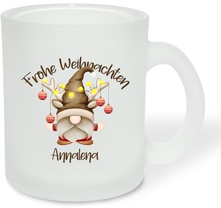 True Statements Geschenk für Glühwein-Fans: Glastasse „Frohe Weihnachten“ personalisiert mit Namen - Rentier & Wichtel - Geschenkidee zur Adventszeit & Weihnachtszeit - satiniert, ca. 300ml