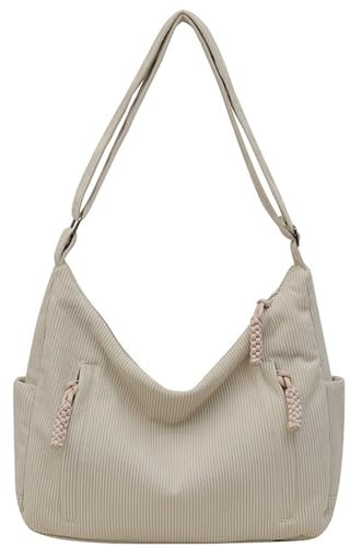 VOKUVIKU Unisex Cord Tasche Umhängetasche Schultertasche groß Damen Shopper Tasche Fashion Stofftasche für Alltag Büro Schule Reisen, Beige