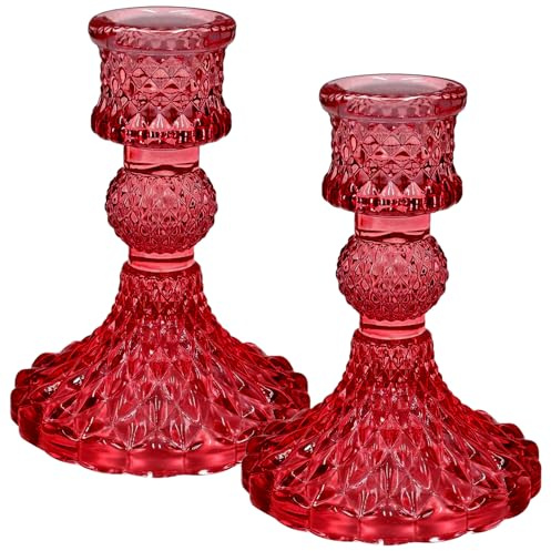 Kerzenhalter aus Glas, für 2,3 cm große Kerzen, dekorativer Kristall-Kerzenständer, Mittelstück für Tisch, Hochzeit, Abendessen, Party, 10,2 cm hoch, Rot, 2 Stück