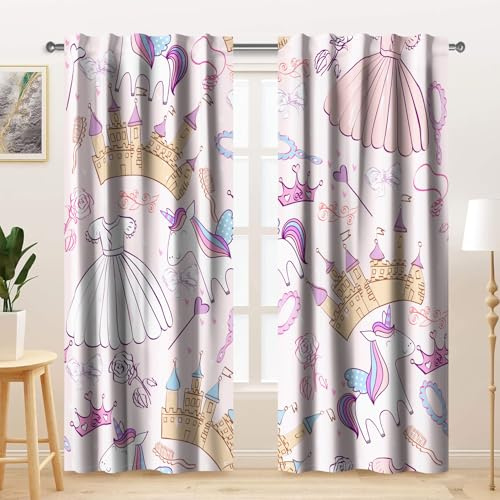 Kzzfqxb 117x138cm Kinder vorhänge 2 Paneele, rosa Schloss Kleider Kronen Blumen Schleife Cartoon Bedruckte für Kinder Mädchen Schlafzimmer Kinderzimmer Fensterdekoration