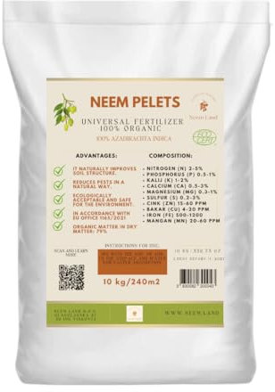 Neem Land Bio Neem Pellets 10 kg – Fertilizzante organico a lungo termine per 240 – 300 m² – Per verdure, frutta, ulivo, compost – 100% naturale ed efficace