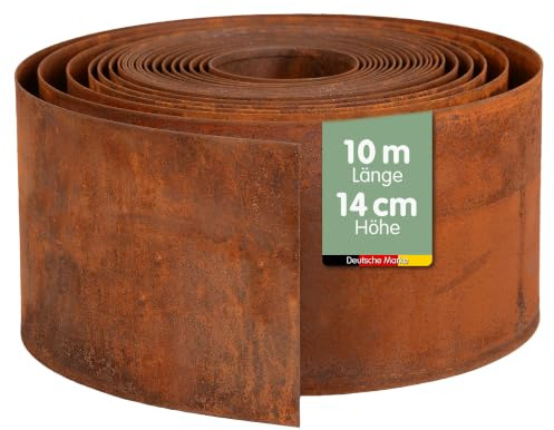 UNUS Rasenkante aus Cortenstahl 10 m x 14 cm Flexible Beetumrandung wetterfestes Metall Beeteinfassung für Garten, Beet, Rasen und Wege inkl. Handschuhe