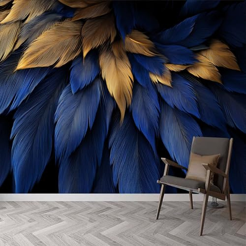 Papier peint intissé Abstrait Bleu Or Plumes Fleurs, fresque murale design Art Luxueux pour chambre bureau - Papier peint panoramique facile à poser - décoration murale amovible 350 x 256 cm (L x H)