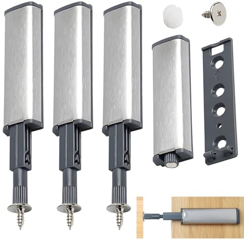4 Stück Drucktüröffner Push to Open, Schranktür Dämpfer, Heavy Duty Touch Türschloss Push, Magnetische Schiebetür Schloss, für Schubladen, Kabinen Öffner, Silber