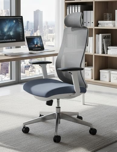 Cooleben Ergonomischer Bürostuhl, Premium Hochlehner Bürodrehstuhl mit 5-Fach Verstellung, S-förmiger Rückenlehne & Kopfstütze, Sitzkomfort für Home Office & Büro (Grau + weißer Rahmen)