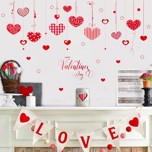 Valentine’s Day Heart Wall Stickers – Red Hanging Love Decals for Living Room, Bedroom, Valentine Party Decorations, Romantic Home Wall Decor for Couples & Family Holiday Display
