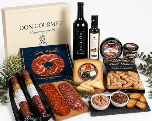 DON GOURMET, Cesta Gourmet para Regalar, Personalizable, Queso curado, jamón ibérico, chorizo ibérico, lote embutidos ibéricos, aceite de oliva, pack ibéricos, Regalo Cumpleaños, (CESTA 1)