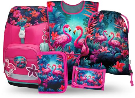 Baagl Airy Plus Schulranzen-Set 5-teilig, 25 l, ab 130 cm (Flamingo) | Isoliertes Snackfach; Magnetverschluss; Brust- und abnehmbarer Hüftgurt