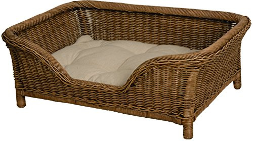 Großer Rattan Hundekorb geflochten Hundebett Rattan Korb Hund Hundecouch hoch mit Kissen (Vintage Braun)