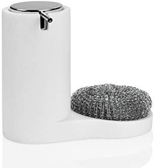 ANDREA HOUSE - Dispensador de baño cilíndrico 2 en 1 Efecto Arena Blanca con Compartimento para Estropajo 18x10x16cm