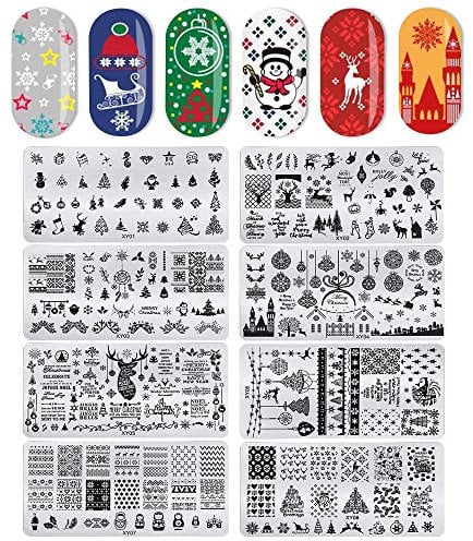 MIAHART 8 Pcs Christmas Nail Art Stamp Plates Nail Stamping Templates Santa Reindeer Stocking Christmas Tree Stocking Pattern Image Plates for DIY Print Manicure Salon Nail Art Decorations