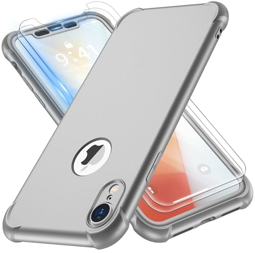 ORETECH für iPhone XR Hülle, mit 2 Stück Schutzfolie, 360 Grad Ganzkörper Stoßfest Kratzfest Silikon Handyhülle für iPhone XR 6,1 Zoll, Silber