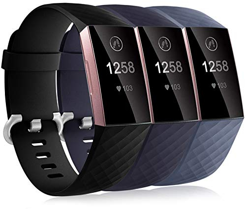Dirrelo 3 Pack Armbänder Kompatibel mit Fitbit Charge 3/Fitbit Charge 4/Charge 3 SE Armband für Damen und Herren, Sport Verstellbares Ersatzarmband Silikon Uhrenarmband, Schwarz+Blau+Blau Grau L