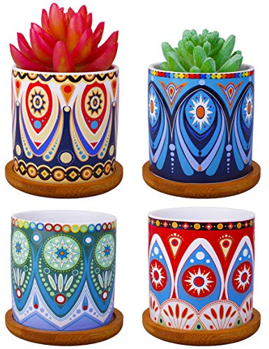 ROSE CREATE Bunte Mini-Keramik-Zylinder-Sukkulenten-Blumentöpfe mit Bambus-Tabletts, Daumenblumentöpfe für kleine Pflanzen und dekorative Objekte, bunte Mandala-Stile, 4 Stück