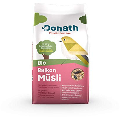 Donath Bio Balkon Müsli -schalenfrei für einen sauberen Balkon - die feine Bio Mischung mit energiereichen Erdnüssen - Ganzjahres Wildvogelfutter - aus unserer Manufaktur in Süddeutschland - 2Kg