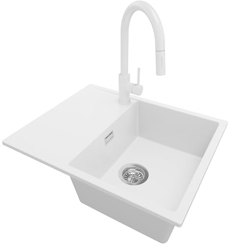 PRIMAGRAN Granitspüle ab 45er Unterschrank + Küchenarmatur, 62x50cm | Set: Küchenarmatur BW9010 + Ablauf-Set (Siphon, Ablaufgarnitur, Überlauf) + Spülbecken 1 Becken - Ibiza, Weiß
