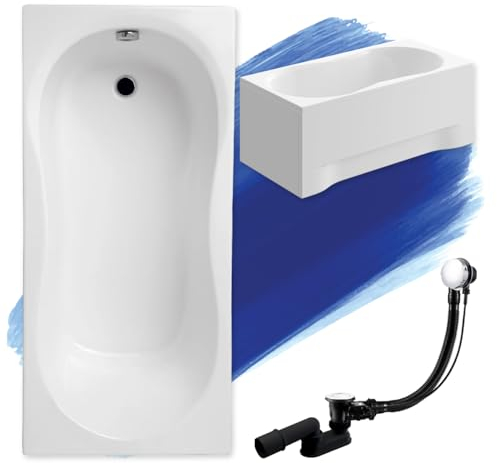 BADLAND Badewanne Original Weiß Acryl Wanne Rechteck GRACJA 160x70 KOMPLETTSET SET mit Weiß Acrylschürze + Füßen und Exklusive Chrom Automatik Ablaufgarnitur Made in EU 4in1