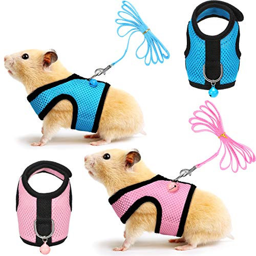 SATINIOR 2 Stück Meerschweinchengeschirr und Leine, Frettchen, Ratten, Hamster, weiches Netz-Geschirr, Leine, Weste, Set mit Glöckchen für kleine Haustiere, Kaninchen, Leguan, Eichhörnchen, Blau, S)