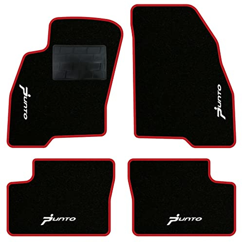 QUEMAR Tappetini Auto per Grande Punto 2005-2018, Bordo Rosso, 4 Ricami | Kit Tappeti Moquette e Gomma su Misura / Set 2 Anteriori + 2 Posteriori / Ricami e Colori Personalizzati / Antiscivolo