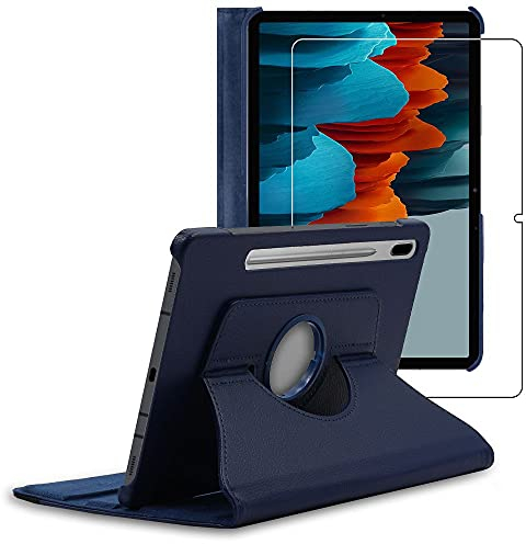 ebestStar - Hülle für Samsung Galaxy Tab S7 SM-T870, Drehbar Schutzhülle, PU-Lederhülle, Rotierende Ständer Etui, Rotating Case Cover, Dunkelblau + Panzer Schutz Glas