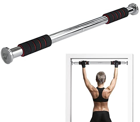 Adjustable Door Pull Up Bar, Wide Grip, Foam Chin-Up, Heavy Duty Metal, Home Fitness Door Exercise Bar, BLACK RED