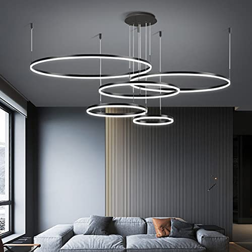 HYQJUNE Modern 5 Ringe Ring Pendelleuchte 136W LED Dimmabel Wohnzimmer Kronleuchter Schick Hängeleuchte Schlafzimmer Salon Esszimmer Leuchter Verstellbare Höhe Kombination Hängelampe,Schwarz