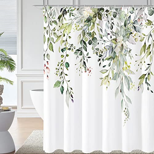 Gibelle Cortina de ducha extra larga de 72 x 84 pulgadas, cortina de ducha de tela floral verde salvia alta, cortinas de baño con ganchos