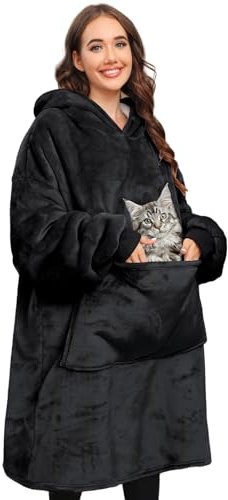 Yuson Girl Neutraler Kapuzenpulli mit Taschen Haustiermuster Winter Warm Übergröße Decke Sweatshirt Pullover mit Kapuze Langarm Kapuzenpulli Super Weich Bequem Riesen Kapuzenpulli(Schwarz)