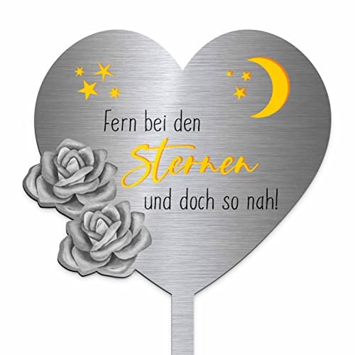 Edelstahl Grabstecker - Grabherz | Personalisierte Grabdekoration Grabschmuck wetterfest | persönliche Friedhof Grab Deko | Herzstecker Blumenstecker Herzform | Trauer Geschenk (Festes Design)